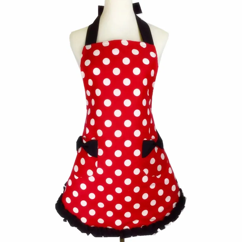 

Bodecin Cute Retro Red Polka Dot Waterproof Kitchen Apron Woman Cotton Cooking Waitress Avental de Cozinha Pinafore Apron