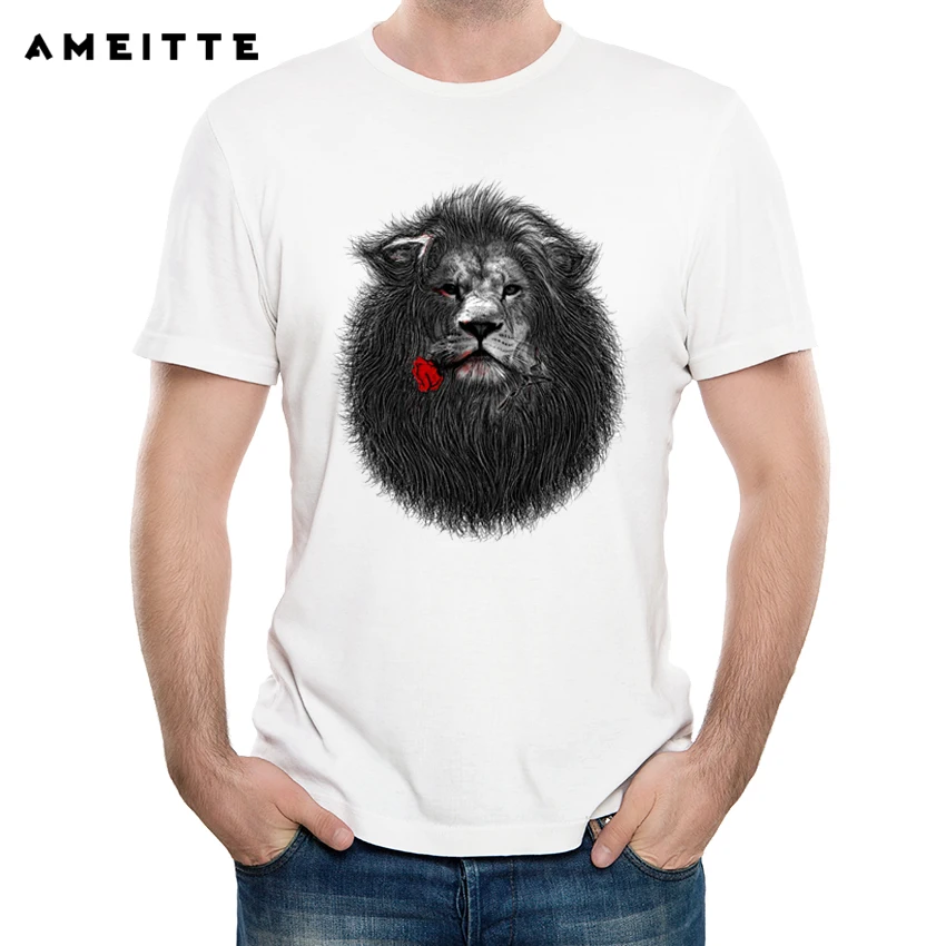 New Arrivals 2019 Retro Lion and Rose Printed T Shirt Summer Men's Hipster Animal Short Sleeve Tee Shirts Fashion Tops Clothing