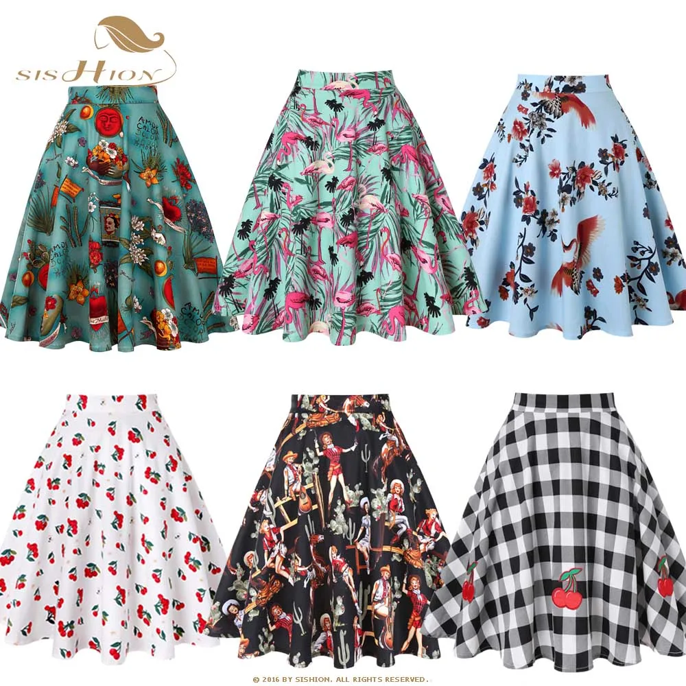 

SISHION 2019 Floral Print Women Skirts Summer Green High Waist Casual Vintage Swing Retro Skater Midi Skirt faldas mujer VD0020
