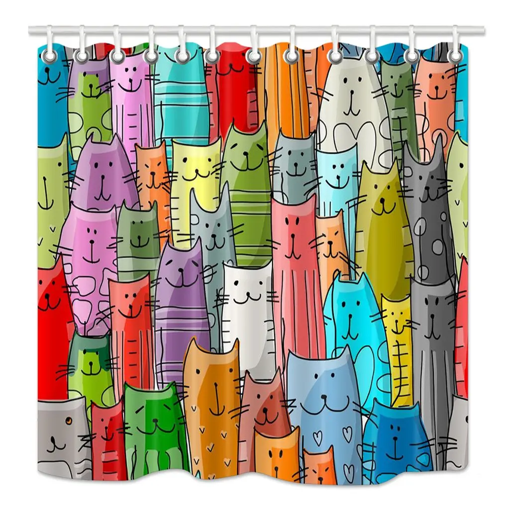 

Cartoon Cat Lover Shower Curtain Funny Animals Kitten Decor for Kids Superior Mildew Resistant Fabric Bathroom Bath Curtains