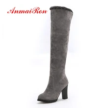 ANMAIRON Woman Over The Knee High Boots Round Toe Fashion Boots Flock Shoes Women Big Size 34-46 Winter Thick heels Gray CR1583