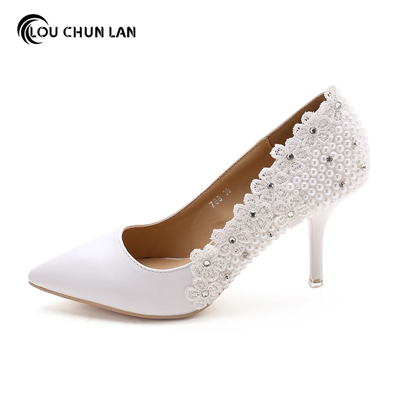 

LOUCHUNLAN Shoes Woman's Shoes Pumps White Wedding Shoes Pointed Toe pearls Bride Shoes Drop Shipping