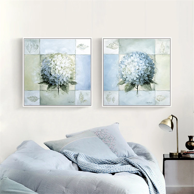 

HAOCHU White Blue Hydrangea Flower Oil Painting On Canvas Modern Art Poster Diptych Decorative Pictures Wall Decor for Home