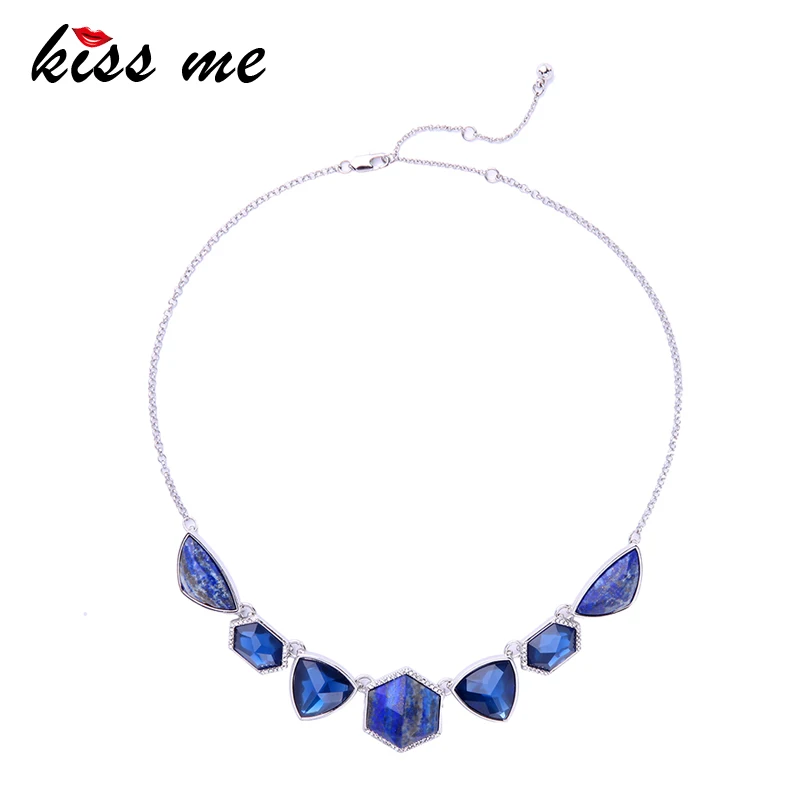 

KISS ME Blue & Pink Geometric Natural Stone Choker Necklace 2018 New Women Statement Necklace Fashion Jewelry