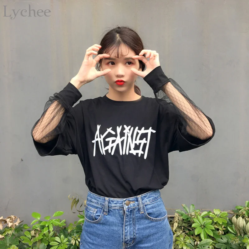 Lychee Harajuku женские футболки письмо сетки лоскутное с длинным рукавом футболка весна осень футболка Топ