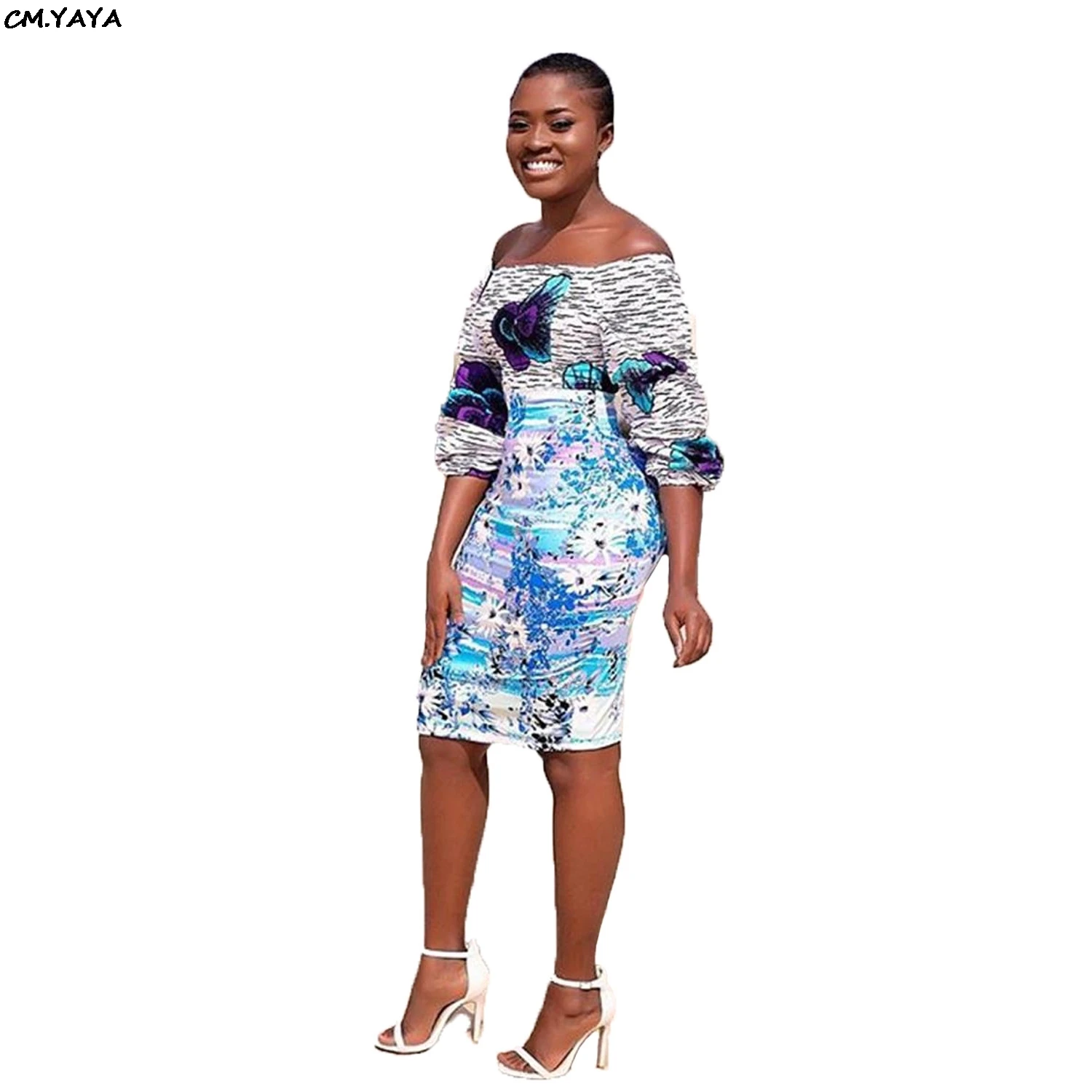 

women fashion off shoulder sexy slash neck floral print knee length lantern long sleeve party club midi dress vestidos T3282H