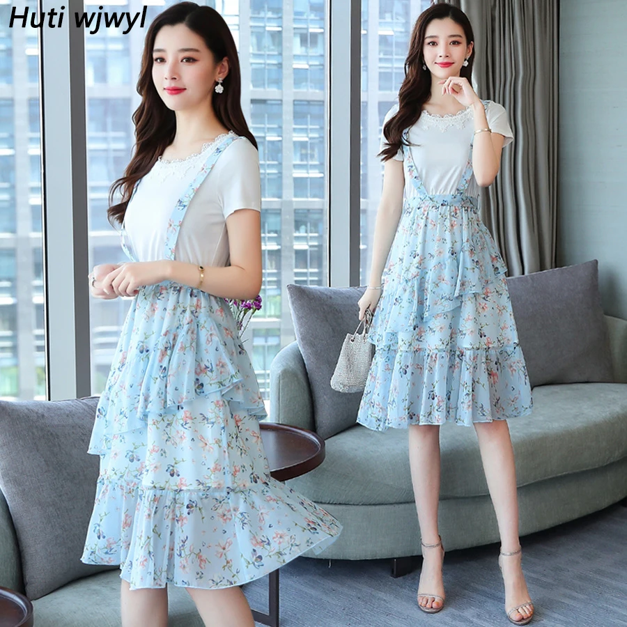 

2019 Femal Vintage Elegant Blue Chiffon Boho Midi Dresses Summer Plus Size Fake Two Piece Sundress Women Bodycon Party Vestidos