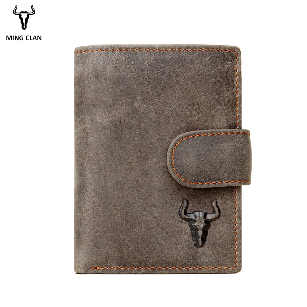 Men Crazy Horse Leather Trifold Credit Card Wallet With Button Coin Pocket