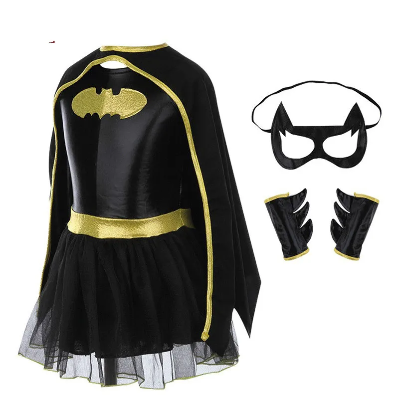 Для маленьких девочек Бэтмен super hero Косплей Карнавальный костюм детей Хэллоуин праздничная одежда дети сценический костюм Бэтмен плащ