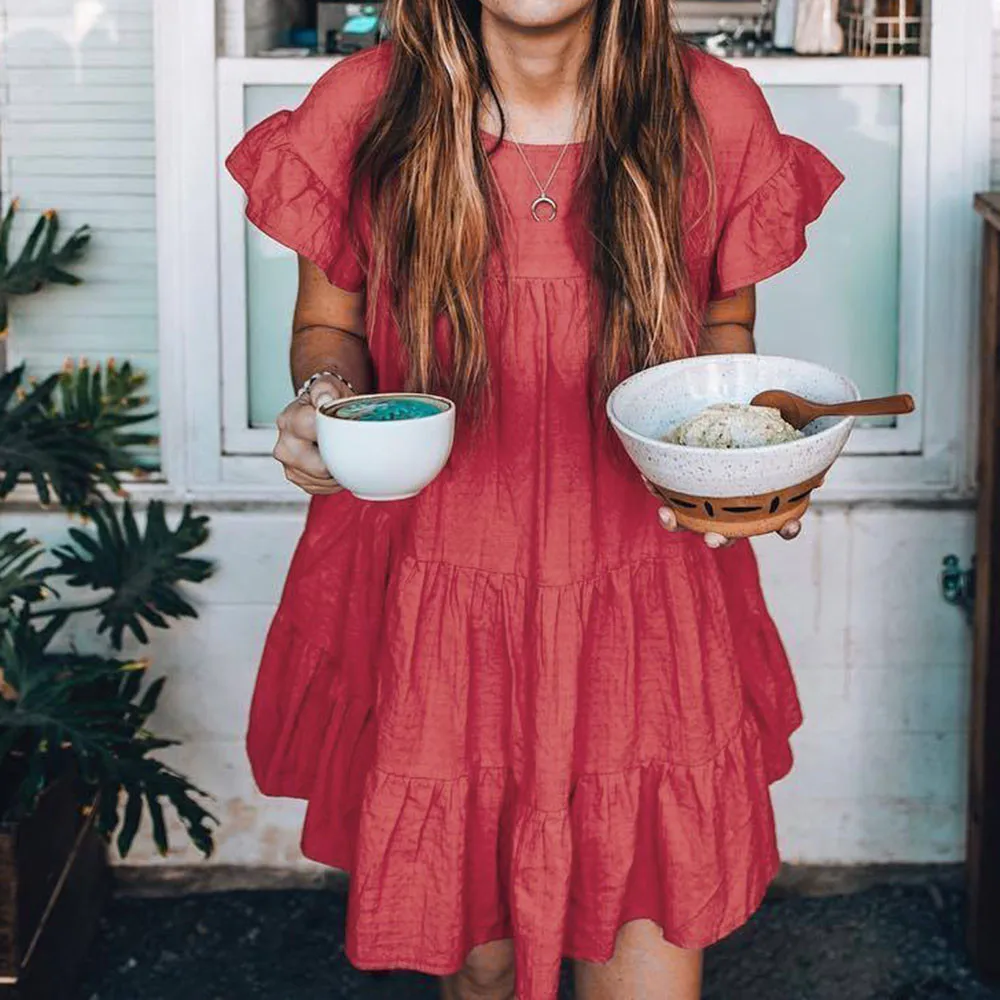 Mori girl Boho 2019 бело красное Каскадное плиссированное платье А силуэта летние
