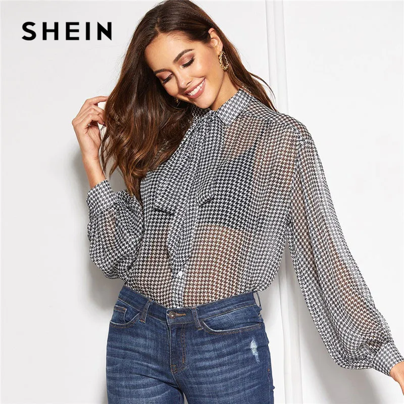 SHEIN Black And White Tie Neck Houndstooth Sheer Women Blouses Ladies ...