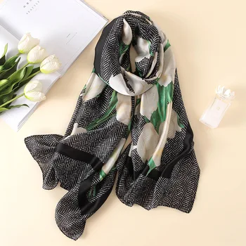 

Floral Silk Print Foulard Female Large Shawl Smooth Soft Women Long Scarf [3354]