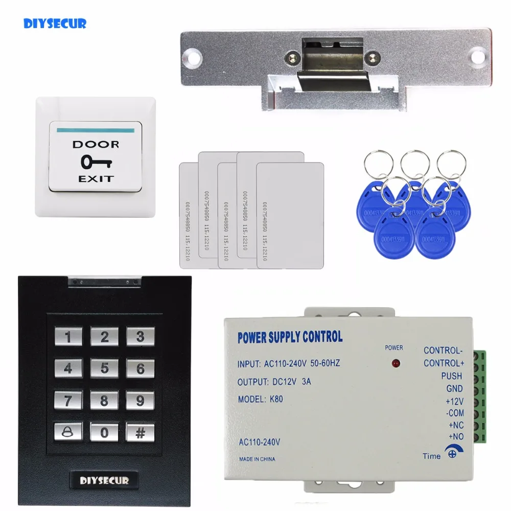 

DIYSECUR RFID 125KHz Keypad Access Control Security System Kit + Electric Strike Door Lock + ID Cards Key Fobs