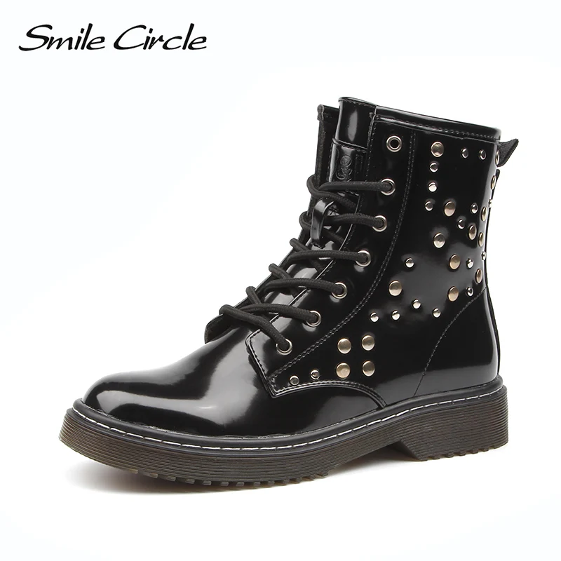 

Smile Circle Patent leather Woman Martin boots Lace-Up Fashion Rivet decoration Motorcycle Booties 2018 winter Ladies Shoes