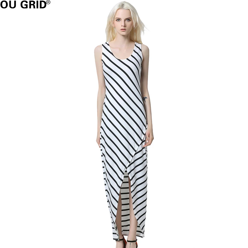 Women Striped Print Beach Dress 2017 Summer Long Thin Sleeveless Slit Sexy Slim Maxi Dresses
