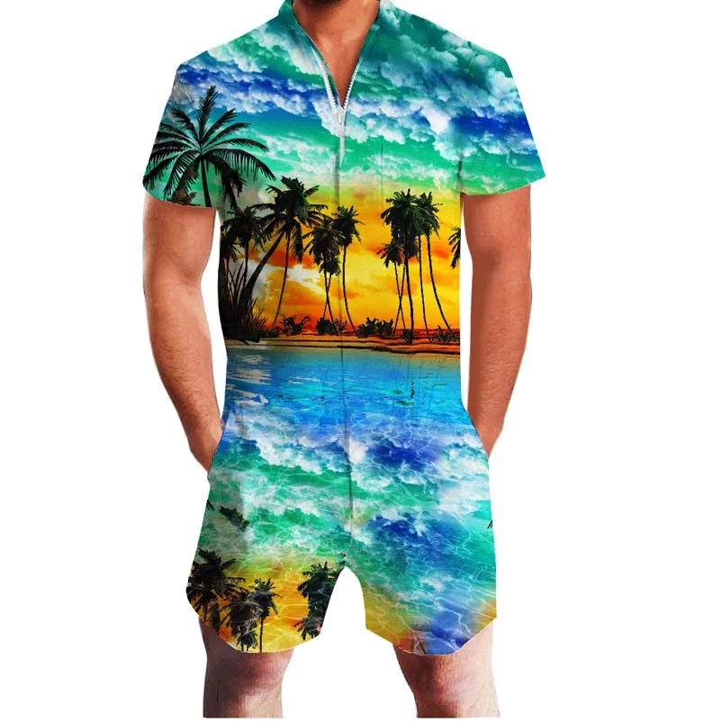 

Hawaiian Sea Coconut Tree Print 3D Rompers Men Jumpsuit Playsuit Harem Cargo Overalls Summer Casual Zipper Beach Men's Sets