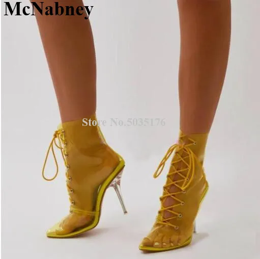 

McNabney Women Boots Transparent PVC Cross-tied Lace-Up Stiletto Heel Pointed Toe Elegant Ankle Boots Fashion Solid Women Shoes