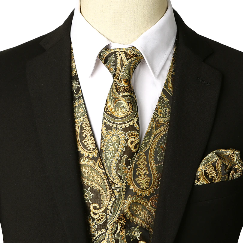 3pcs Gold Vest Mens Suit Vest Classic Paisley Jacquard Waistcoat Handkerchief Party Wedding Tie Ves