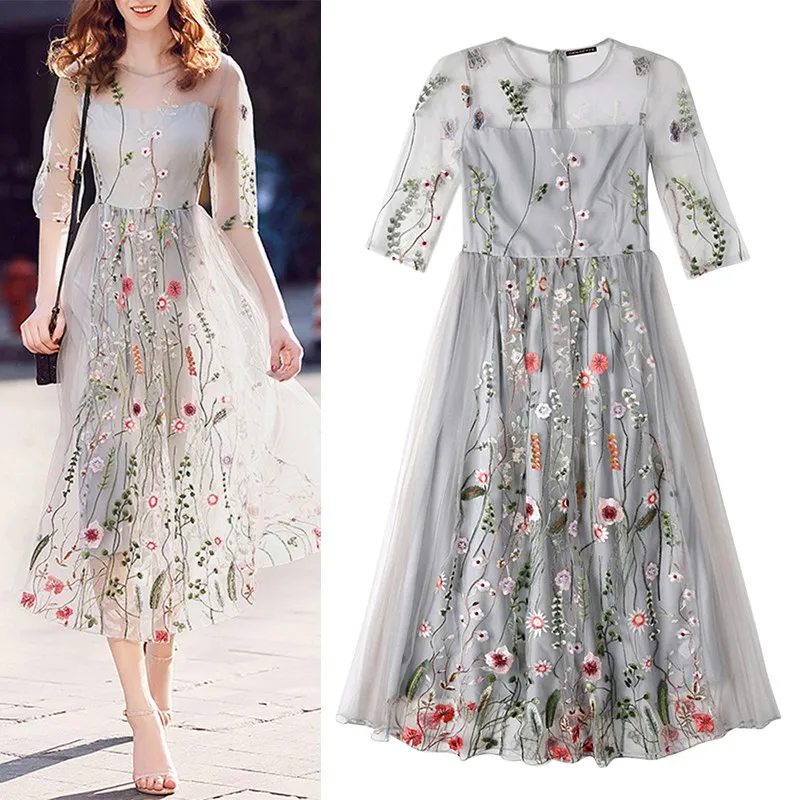 

2018 Summer New Women Dresses Gorgeous Half Sleeves Sheer Mesh Elegangt Embroidery Long Dresses Bohemian Vestidos
