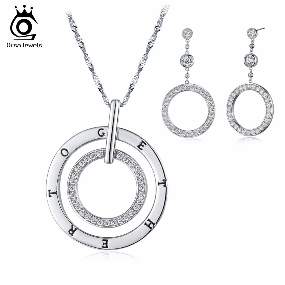 

ORSA JEWELS Round Shape Earring and Round Double Circles Pendant Necklace Jewelry Sets with AAA Cubic Zirconia for Women OS96