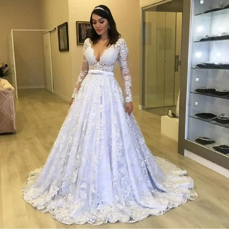 

Modest Long Sleeve Wedding Dresses 2019 robe de mariee Sexy V Neck Wedding Gowns Applique Lace A Line Bride Dress Handmade