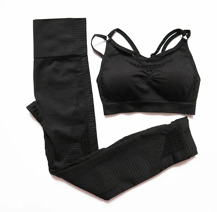 Комплект для йоги, Женская бесшовная одежда для фитнеса, спортивная одежда, женские леггинсы для спортзала, мягкий пуш-ап спортивный бюстгальтер, сексуальные спортивные костюмы - Цвет: Черный