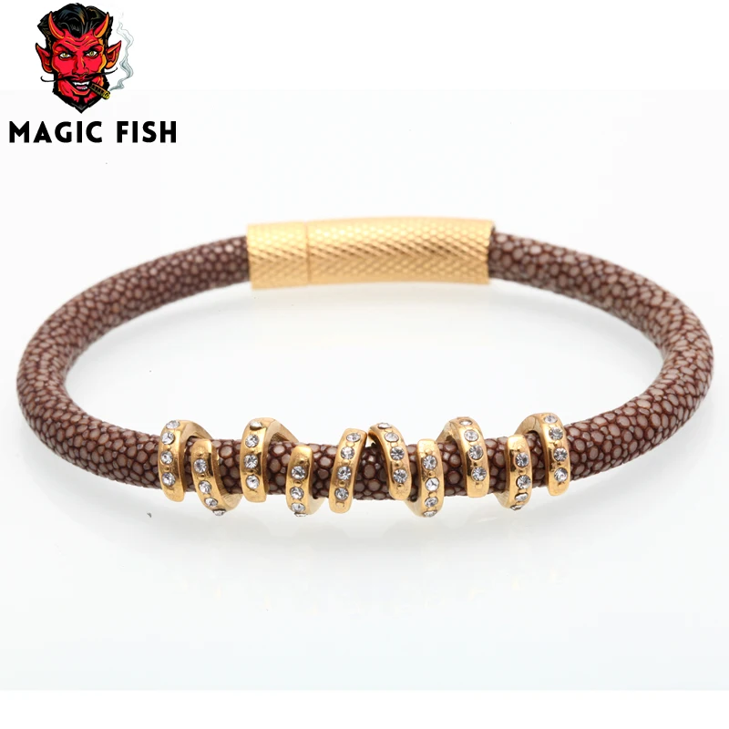 

Magic Fish Men leather stingray bracelet Stainless Steel buckle Copper white crystal Charm lovers' bracelets&bangles pulseira