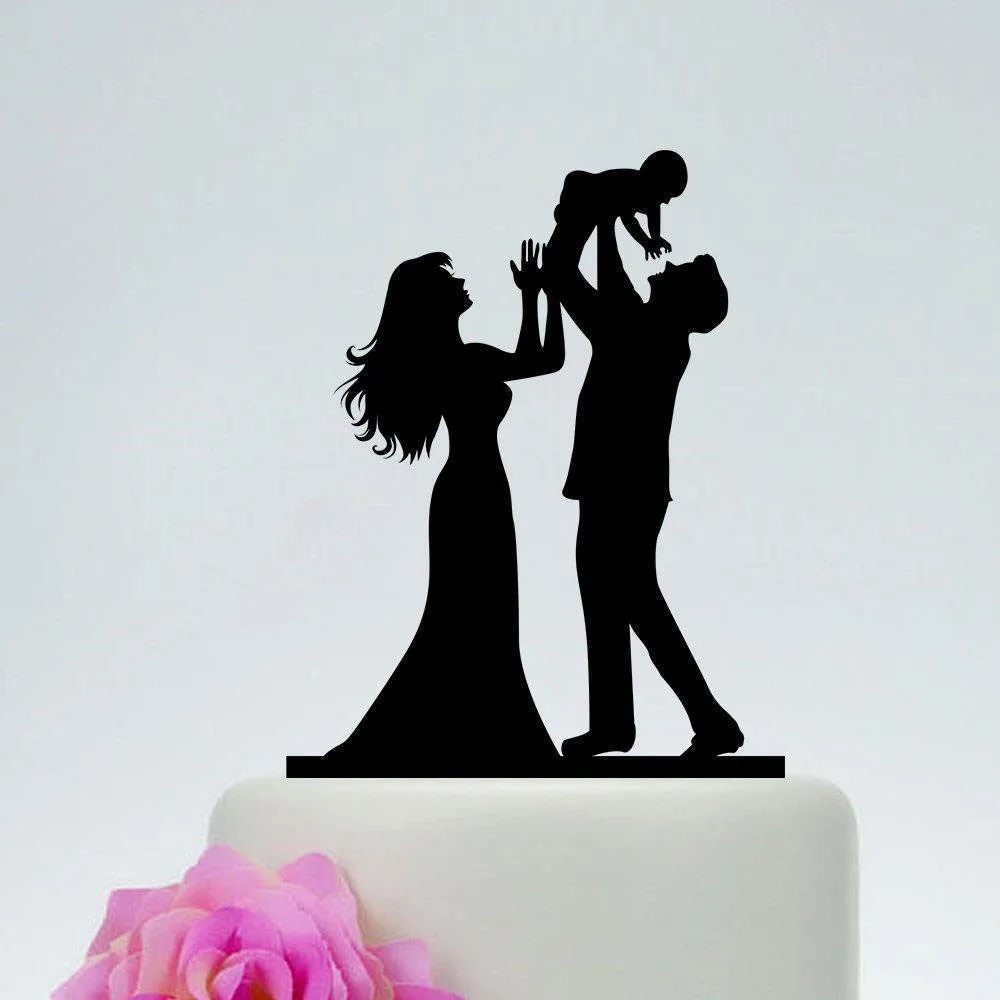 Family Wedding Cake Topper,Bride and Groom holding baby silhouette Cake Topper,Couple with baby Wedding Party Decor Supplies