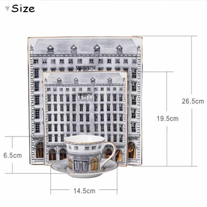 Костяной фарфор, Квадратная тарелка, кофейная чашка, блюдце, набор, ручная роспись, здание, послеобеденный чай, чашка, Бытовая Посуда, поднос для завтрака, Набор чашек