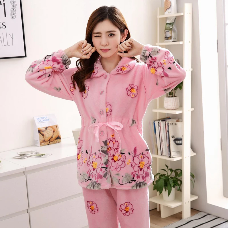 Женская Удобная теплая Фланелевая пижама размера плюс 3XL 4XL, пижамный комплект с цветочным принтом, комплект одежды для сна с длинным рукавом, ночная рубашка для мамы