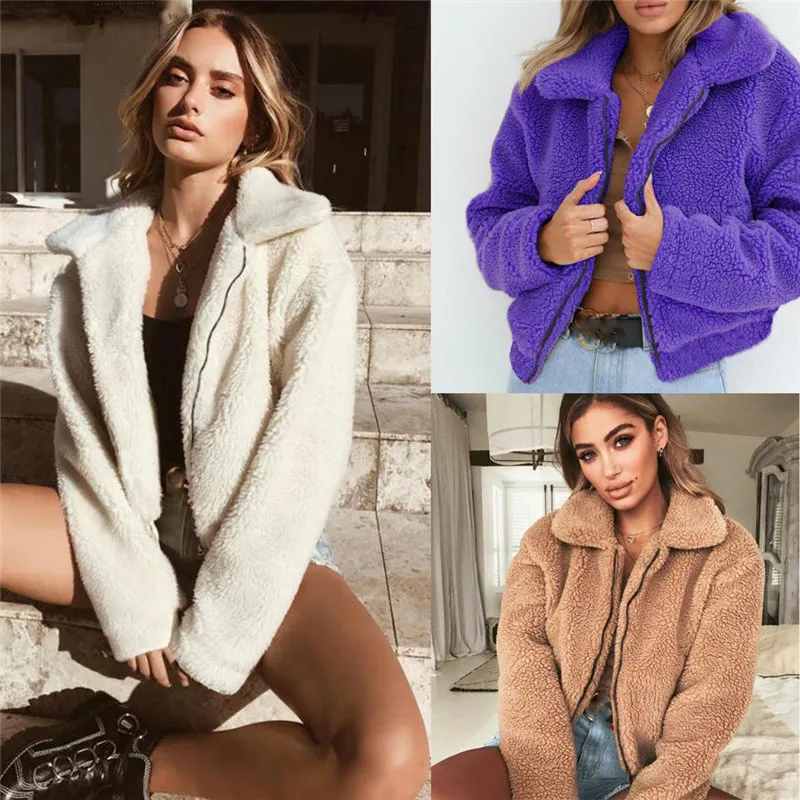 

Fashion Women's Winter Teddy Bear Pocket Fluffy Sweater Coat Fleece Snow Warm Jackets Casual Thick Cardigan Slim Outerwear