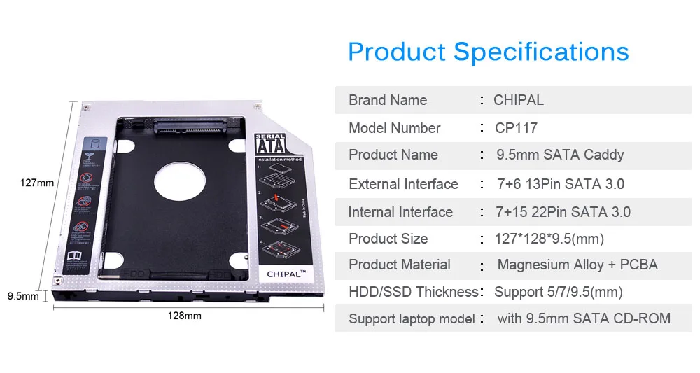 CHIPAL Универсальный SATA 3,0 2nd HDD Caddy 9,5 мм для 2," 2 ТБ SSD корпус жесткого диска с светодиодный для ноутбука ODD cd-rom DVD-ROM