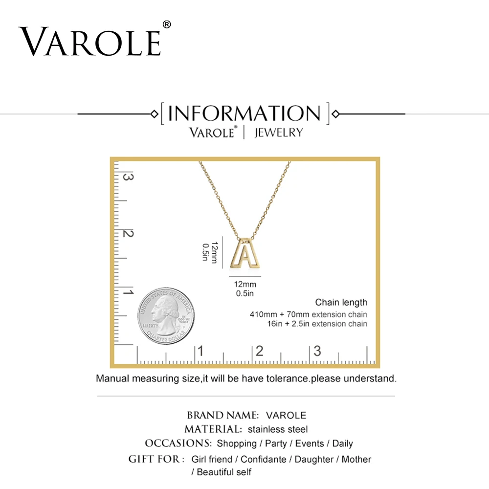 VAROLE 16 дюймов ожерелья-цепочки и подвески для женщин 3D матовая отделка A-Z БУКВЕННОЕ колье с буквами алфавита ювелирные изделия из нержавеющей стали с подарочной коробкой