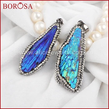 

BOROSA Silver Color Freeform Rough Titanium Blue Color Natural Black Tourmaline Pendant Paved Zircon Drusy Jewelry JAB260