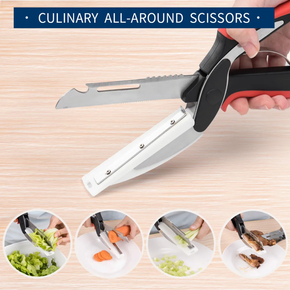 

ANHO Kitchen Knife Stainless Steel Multi-function Scissors Food Chopper For Vegetable Meat Smart Slicer With Cutting Board Red