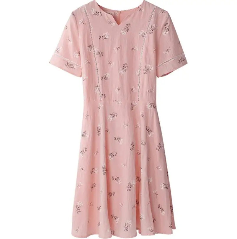 Acheter 2019 nouvelle version coréenne de robe en coton à manches courtes avec taille haute et impression de longueur moyenne