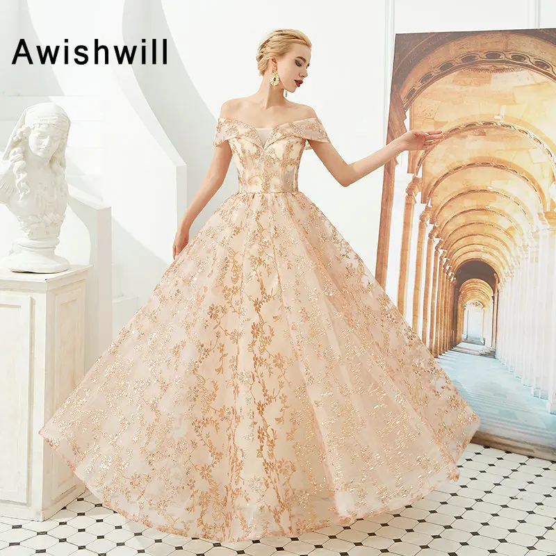 

Long Evening Dress With Sequins Vestido De Festa Floor Length Off The Shoulder Prom Gowns 2019 A-line School Gala Dress