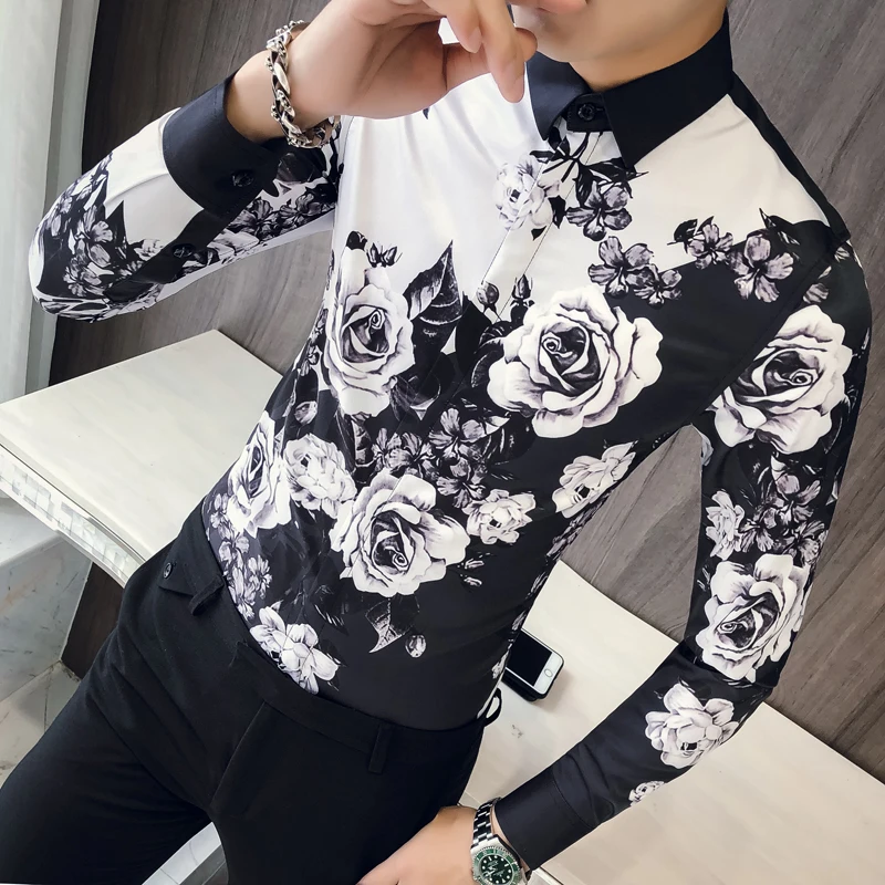 

Rose Shirt Men Designer Shirt Patterns Ropa De Hombre 2018 Button Up Men Long Sleeve Slim Fit Wedding Shirt Men Club Party