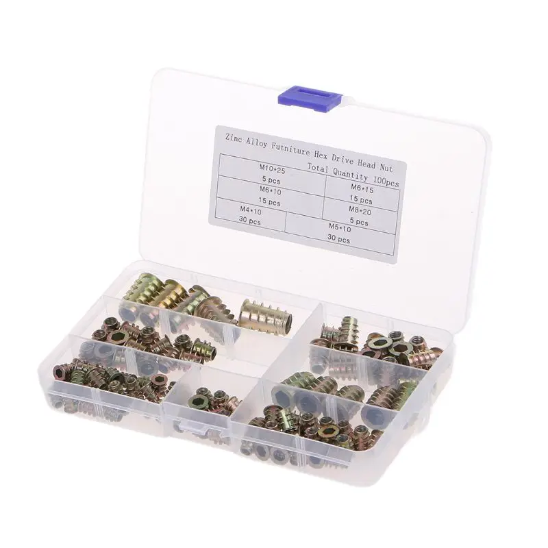 

100pcs Zinc Alloy Furniture Hex Socket Screw Inserts M4 M5 M6 M8 M10 Threaded Hex Drive Inserts Wood Screw Inserts Nuts Tool Kit