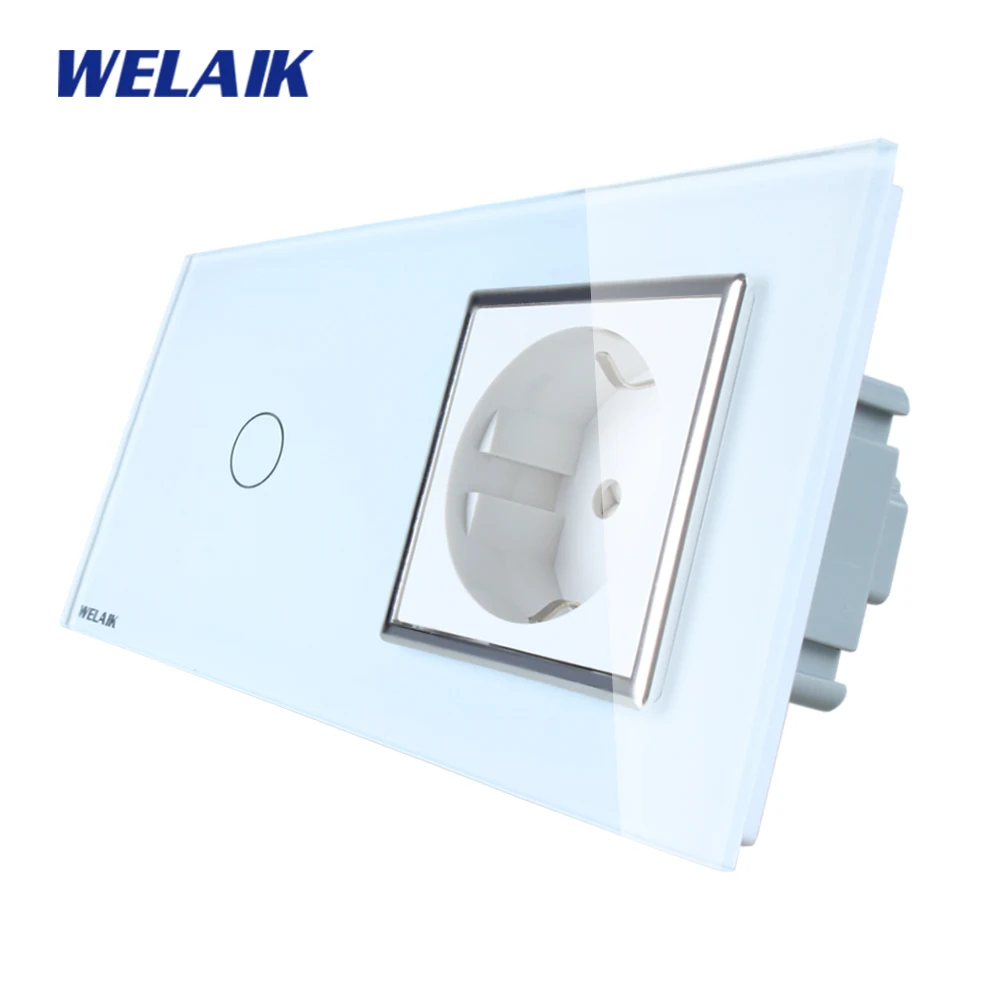 WELAIK Brand 2Frame Crystal Glass Panel Wall Switch EU Touch Switch Screen EU Wall Socket 1gang1way