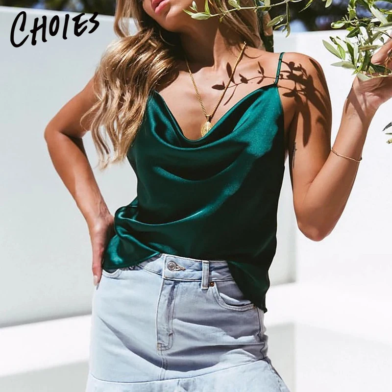 

5 Colors Black/Green/White Satin Look V-neck Sexy Cami Top Camisole Women Summer Casual Loose 2019 New Designer Fashion Tops