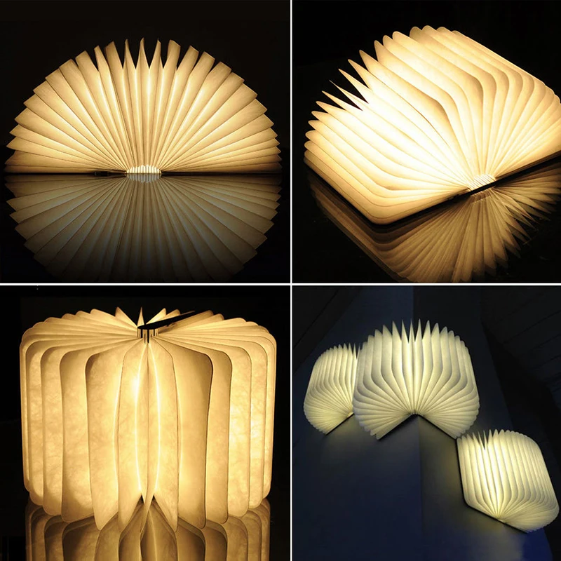 New Creative Wood Foldable Pages Led Book Shape Night Light Lighting