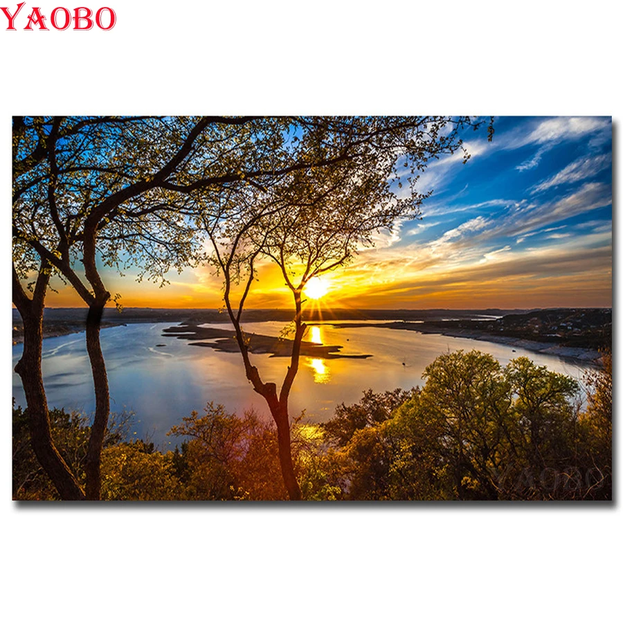 

DIY Diamond Painting Sunset landscape 5D Diamond Embroidery lake Diamond Painting Cross Stitch Square Drill Mosaic Decoration