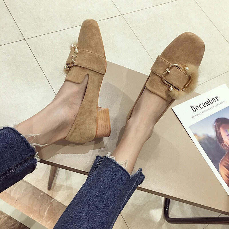 

MYCORON 2018 Comfortable New Shoes Woman Square Toe Shallow Elegant Pumps Women Boots Genuine Leather Mid Heels Shoes Zapatos