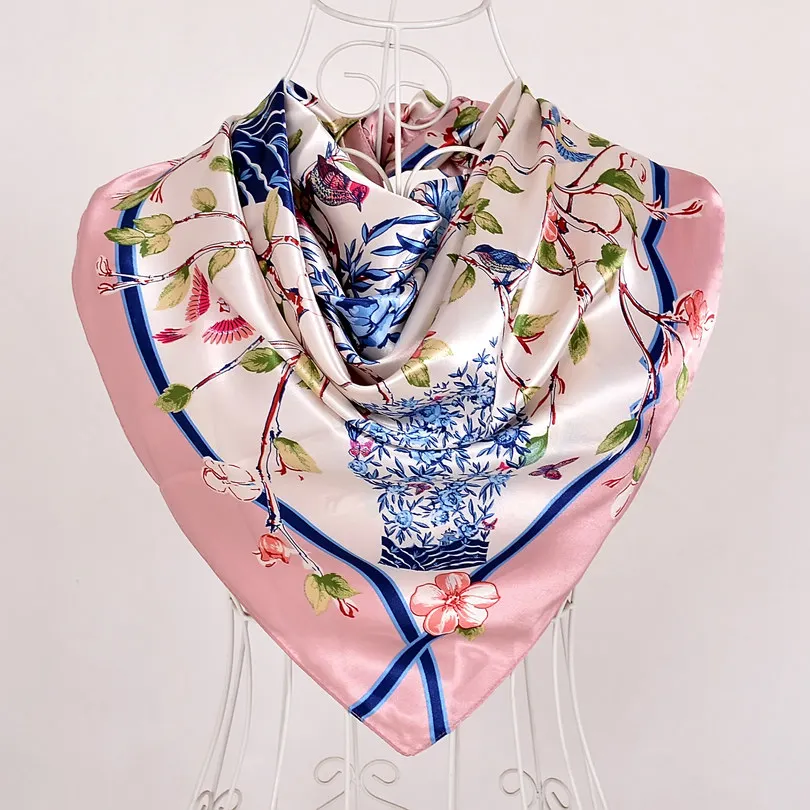 [BYSIFA] зимний квадратный атласный платок накидка темно-синий розовый пион шелковый шарф с рисунком шаль весна осень женский шарф головные уборы - Цвет: pink 541