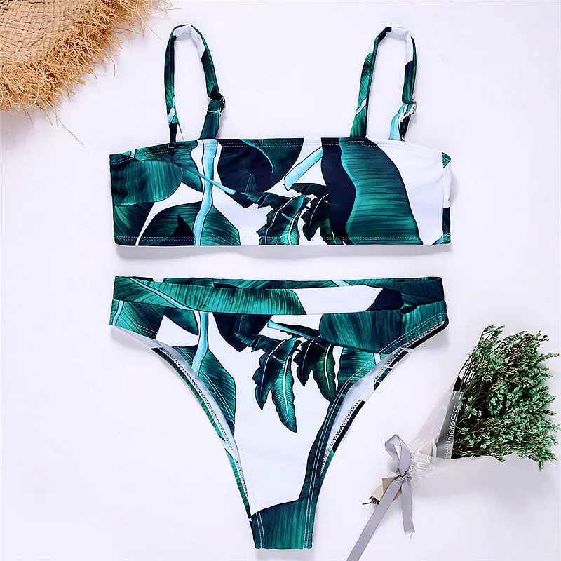 

MESTER CHEN New Swimsuit High Waist Swimwear Leaf Print Bathing Suit Women Beachwear Summer Halter