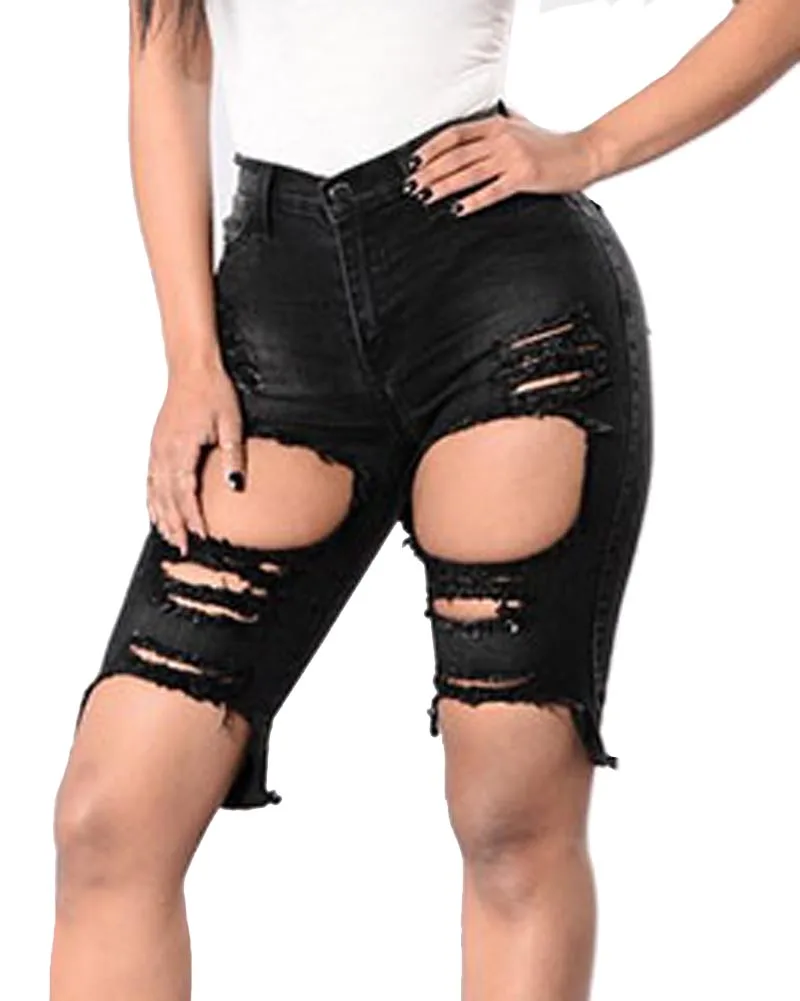 Hitmebox сексуальные летние винтажные женские повседневные джинсовые рваные шорты с потертостями Джинсы женские Стрейчевые джинсы брюки - Цвет: black