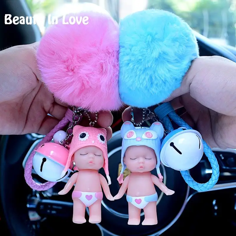 Imitate Sleeping Baby Doll Keychain Leather Wrist Band Key Chain Fur Pom Pom Pompoms  Car Keyring Cartoon Toys Bag Charm D123
