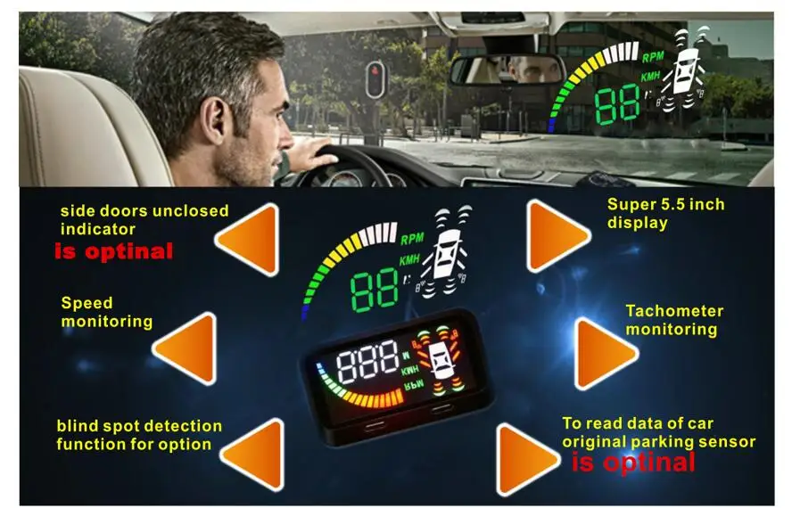 Слепой детектор пятен система парковки автомобиля+ obd2 hud Дисплей 5,5 дюймов проекционный экран+ 2 слепых датчика+ 4 задних датчика автомобиля