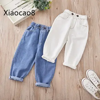 

3--9Years Kids Spring Pants Cotton Jeans Baby Boy trousers Unisex Children Blue White Casual Harem Pants Toddler Girl Pants
